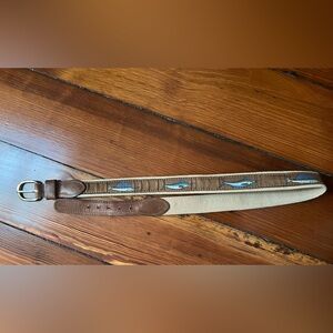 Embroidered Sailfish Canvas Belt with Leather Accents - Blue/Tan